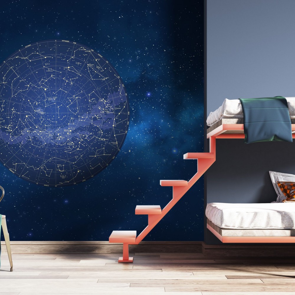 Gece Mavisi Gök Atlası ve Altın Sarısı Takım Yıldızlar Temalı Duvar Kağıdı
