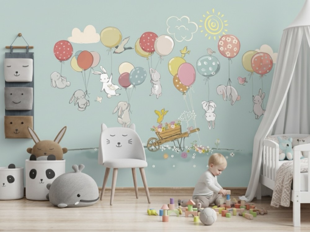 Renkli Balonlar ve Uçan Tavşanlar Çocuk Odası Duvar Kağıdı