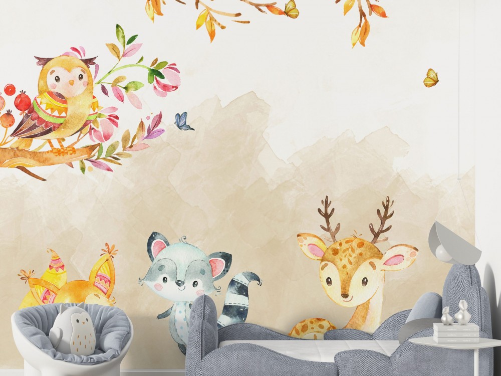 Suluboya Geyik, Rakun ve Baykuş Desenli Çocuk Odası Duvar Kağıdı
