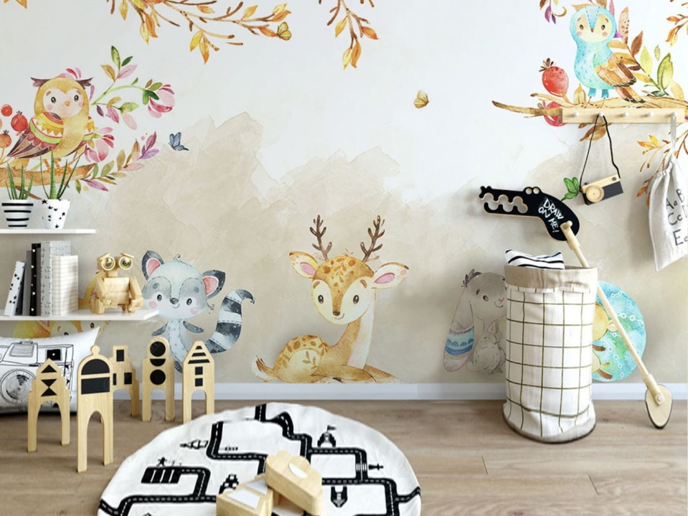 Suluboya Geyik, Rakun ve Baykuş Desenli Çocuk Odası Duvar Kağıdı