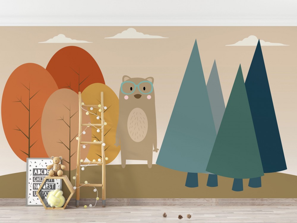 Gözlüklü Ayı ve Geometrik Orman Desenli Çocuk Odası Duvar Kağıdı