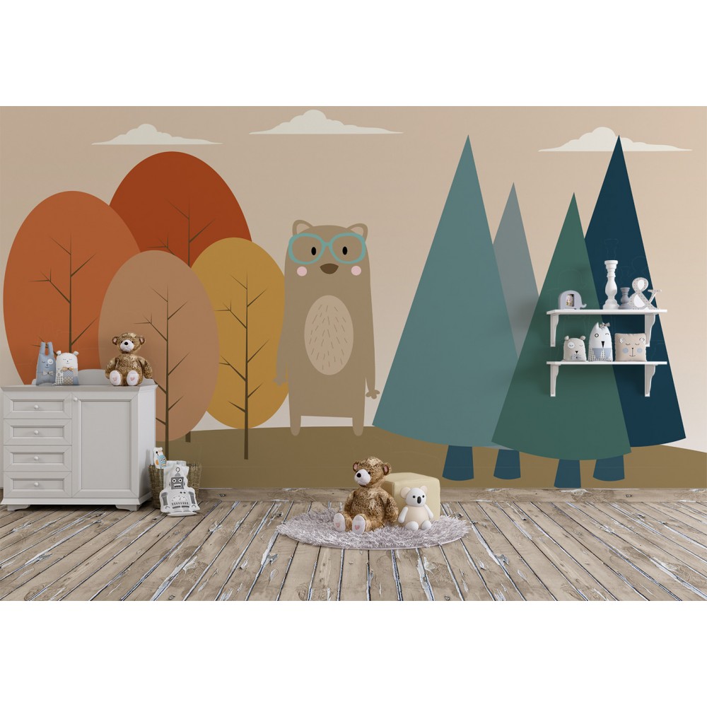 Gözlüklü Ayı ve Geometrik Orman Desenli Çocuk Odası Duvar Kağıdı