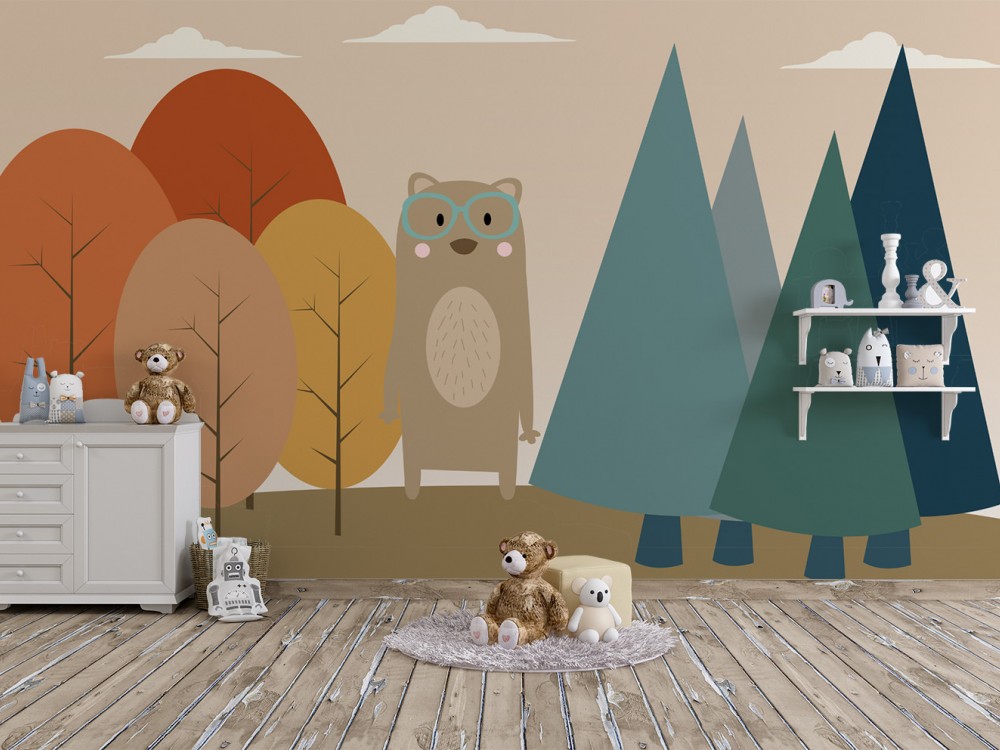 Gözlüklü Ayı ve Geometrik Orman Desenli Çocuk Odası Duvar Kağıdı