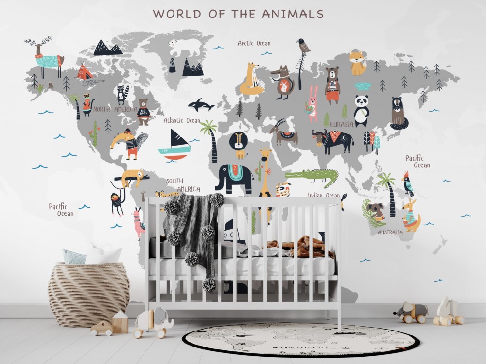 Eğitici Gri Dünya Haritası ve Hayvan Figürlü Çocuk Odası Duvar Kağıdı