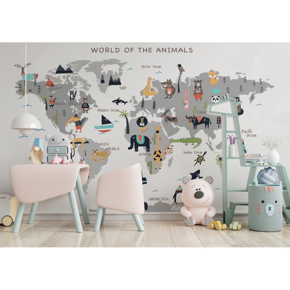 Eğitici Gri Dünya Haritası ve Hayvan Figürlü Çocuk Odası Duvar Kağıdı