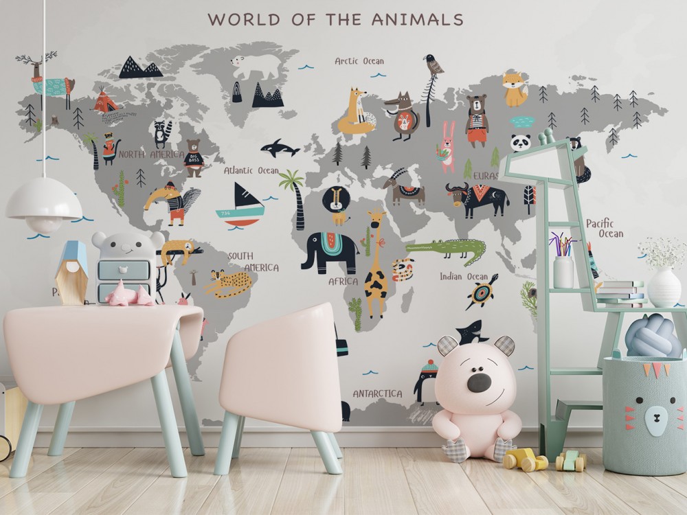 Eğitici Gri Dünya Haritası ve Hayvan Figürlü Çocuk Odası Duvar Kağıdı