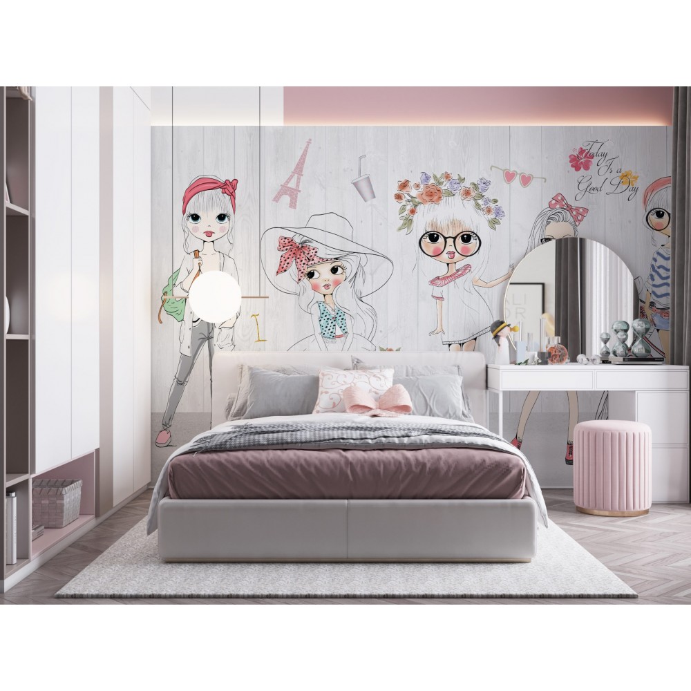 Modern İllüstrasyon Genç Kız Figürlü ve Paris Temalı Duvar Kağıdı