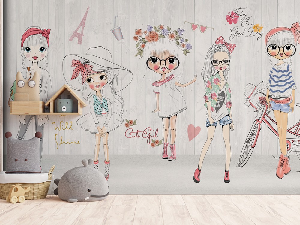 Modern İllüstrasyon Genç Kız Figürlü ve Paris Temalı Duvar Kağıdı