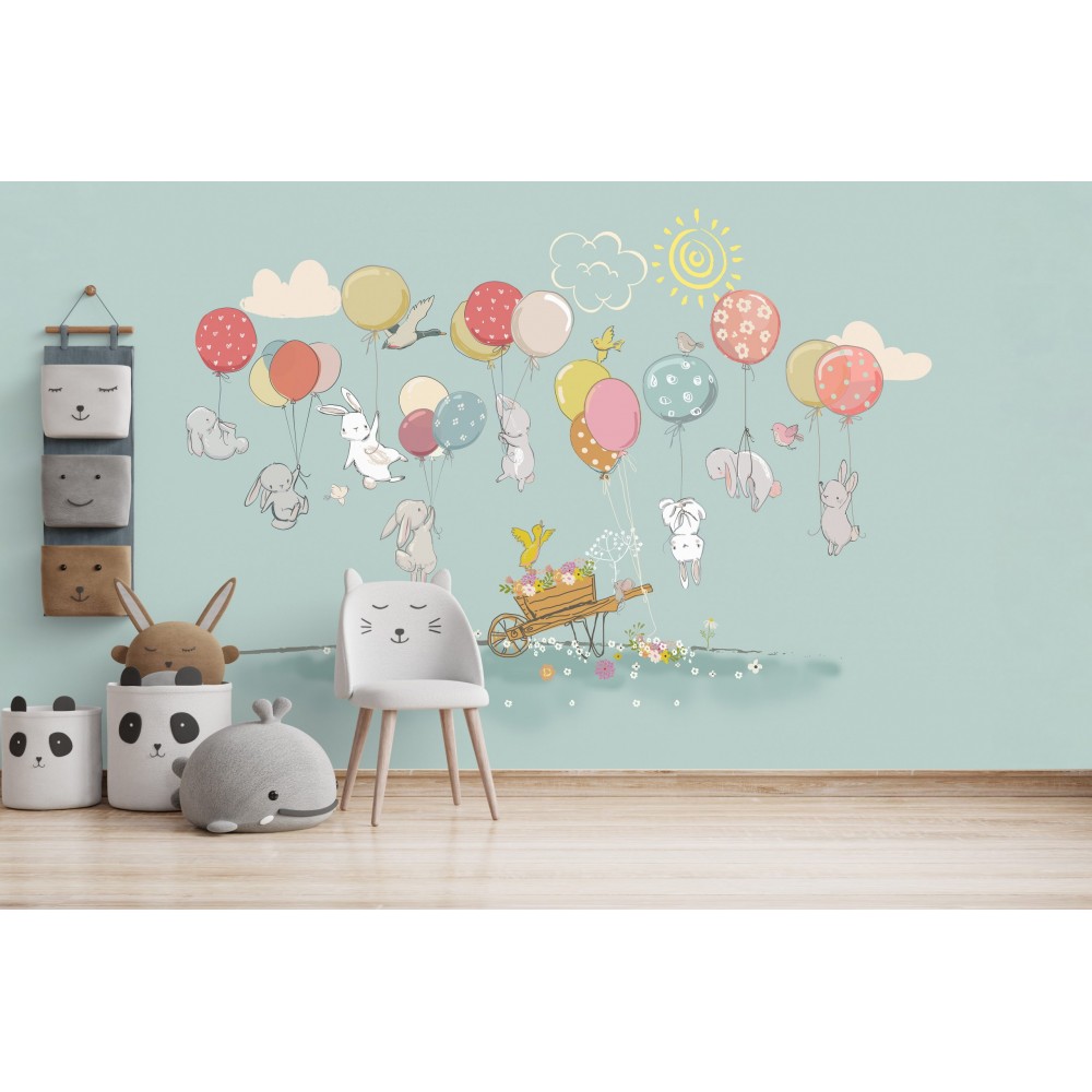 Renkli Balonlar ve Uçan Tavşanlar Çocuk Odası Duvar Kağıdı