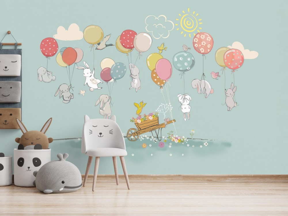 Renkli Balonlar ve Uçan Tavşanlar Çocuk Odası Duvar Kağıdı