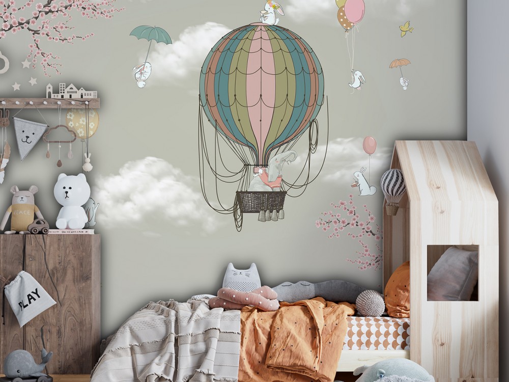 Sıcak Hava Balonu ve Uçan Tavşanlar Çocuk Odası Duvar Kağıdı