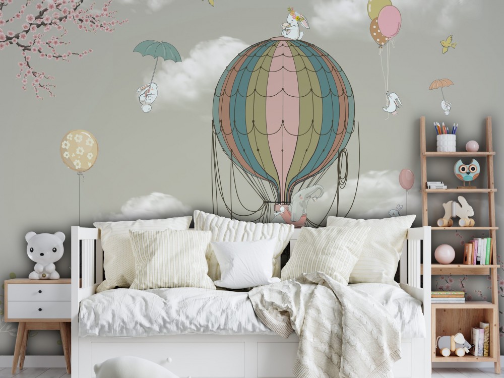 Sıcak Hava Balonu ve Uçan Tavşanlar Çocuk Odası Duvar Kağıdı