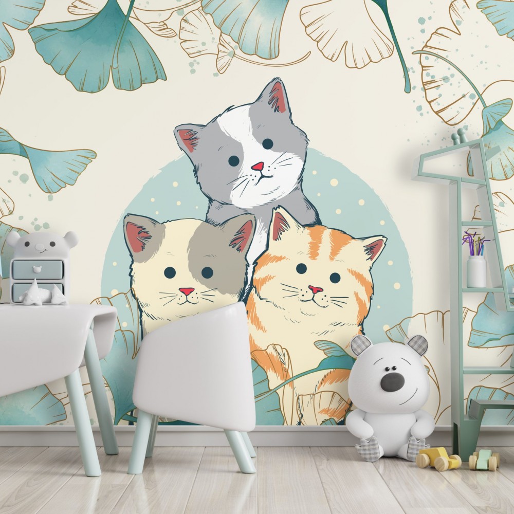 Sevimli Kedicikler ve Turkuaz Ginkgo Yaprağı Desenli Çocuk Odası Duvar Kağıdı