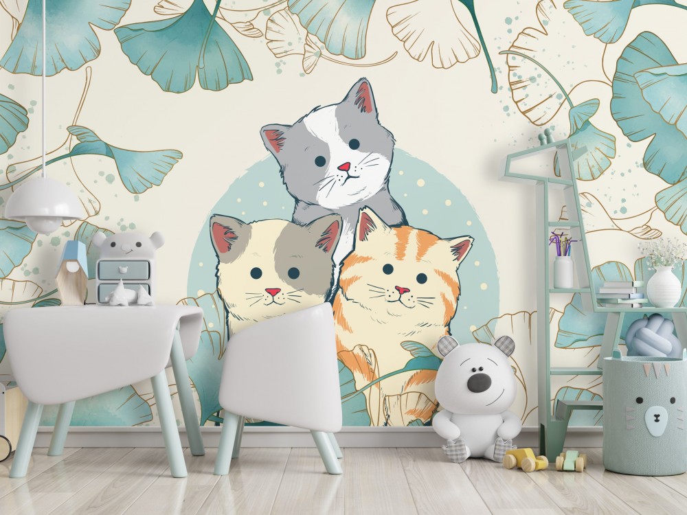 Sevimli Kedicikler ve Turkuaz Ginkgo Yaprağı Desenli Çocuk Odası Duvar Kağıdı