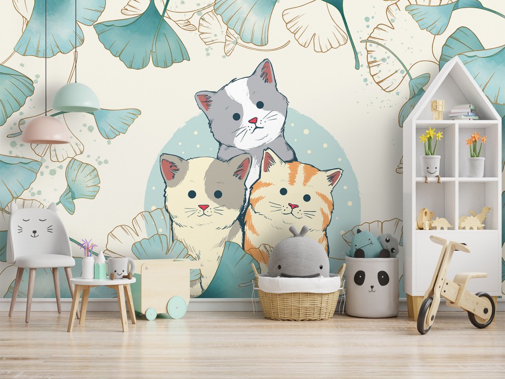 Sevimli Kedicikler ve Turkuaz Ginkgo Yaprağı Desenli Çocuk Odası Duvar Kağıdı