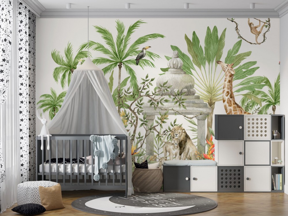 Zürafa, Aslan ve Palmiye Desenli Suluboya Duvar Kağıdı