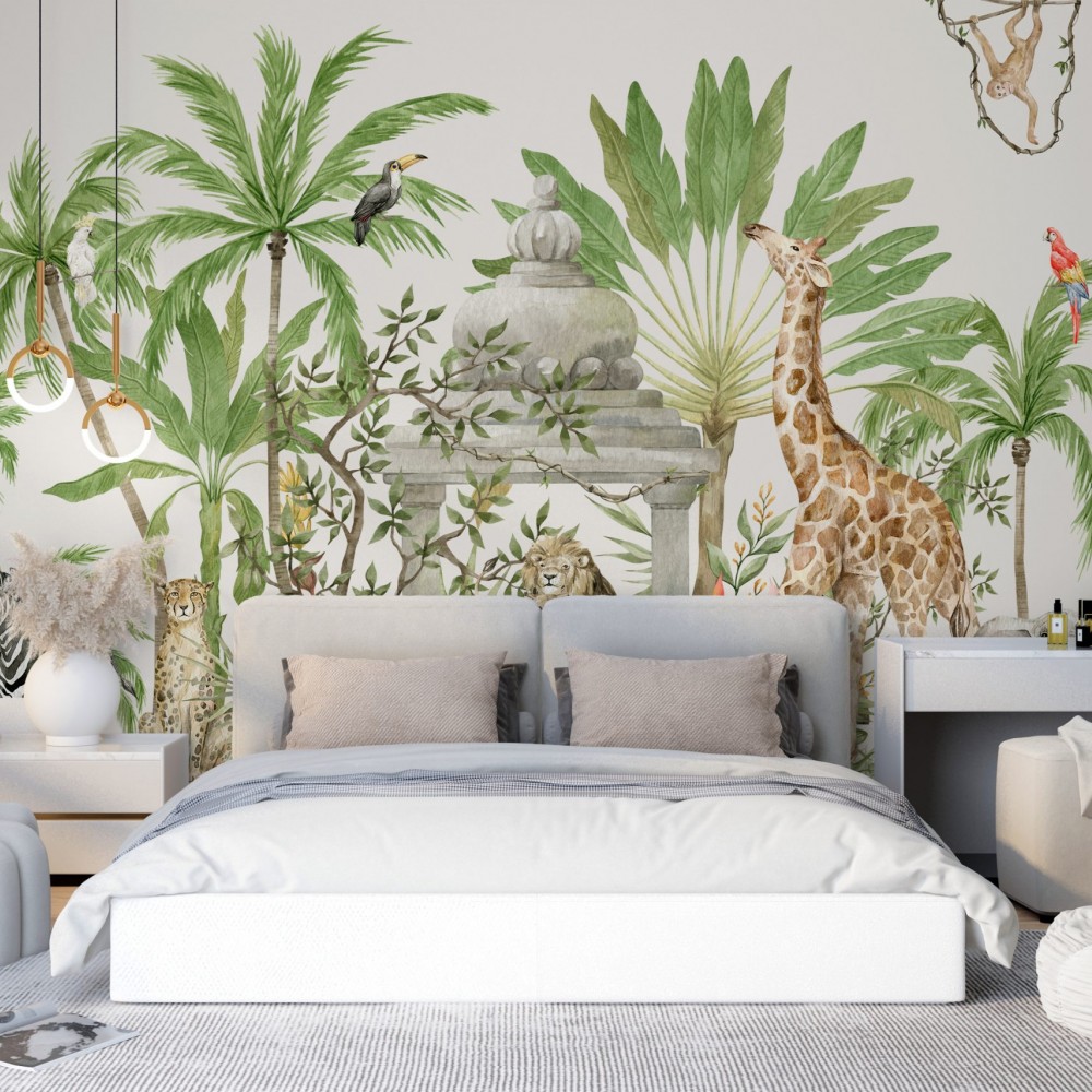 Zürafa, Aslan ve Palmiye Desenli Suluboya Duvar Kağıdı