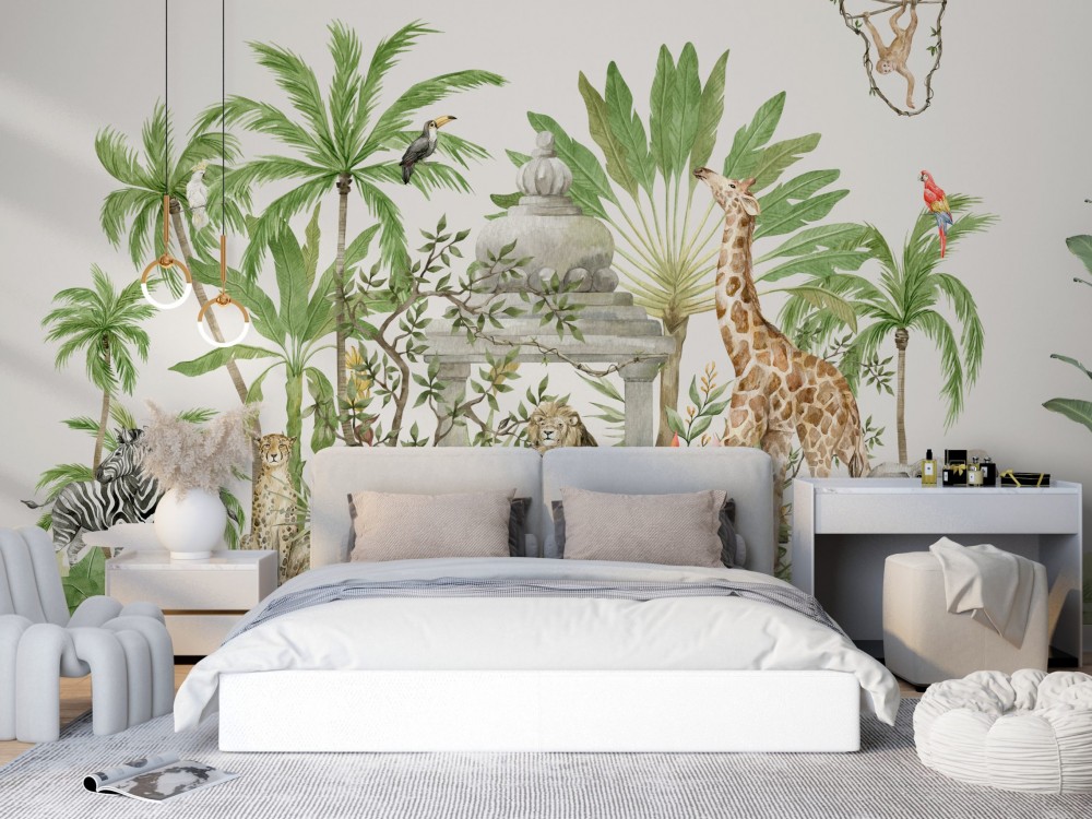 Zürafa, Aslan ve Palmiye Desenli Suluboya Duvar Kağıdı