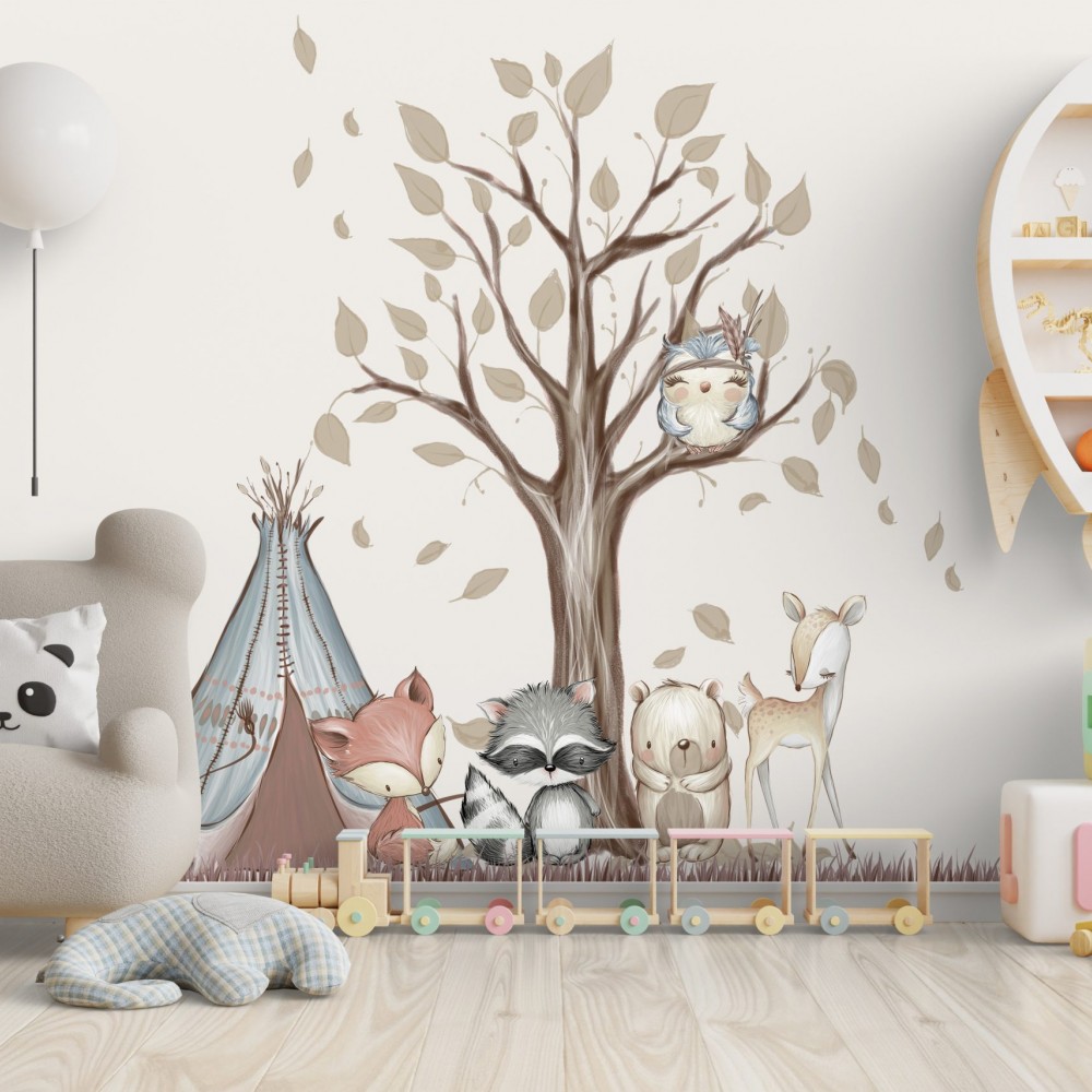 Sevimli Orman Hayvanları ve Kızılderili Çadırı Çocuk Odası Duvar Kağıdı