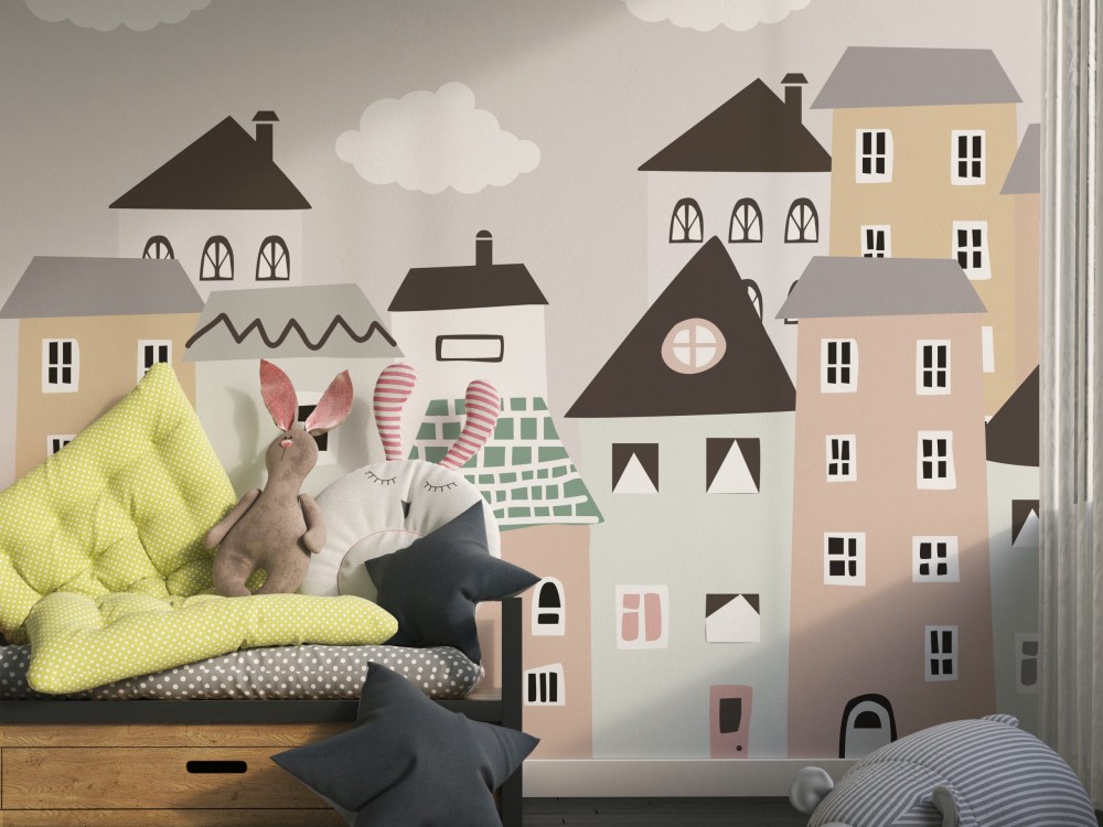 Pastel Tonlu Sevimli Kasaba Manzaralı Çocuk Duvar Kağıdı