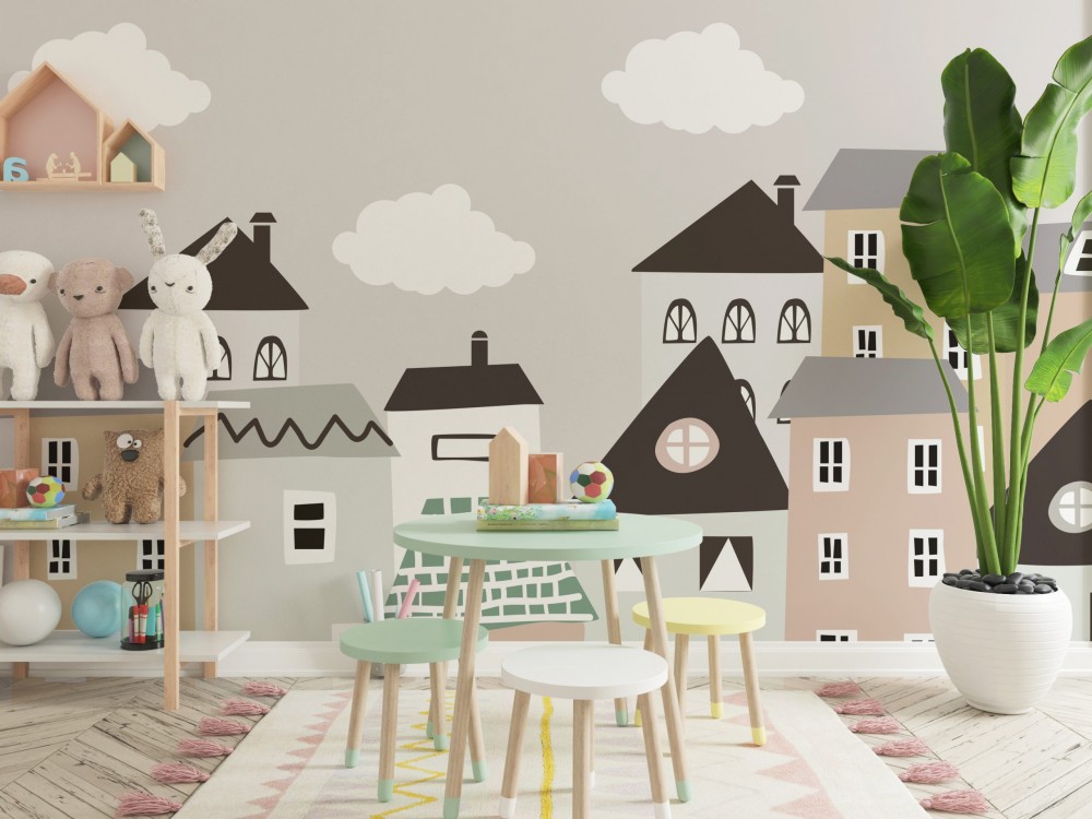 Pastel Tonlu Sevimli Kasaba Manzaralı Çocuk Duvar Kağıdı
