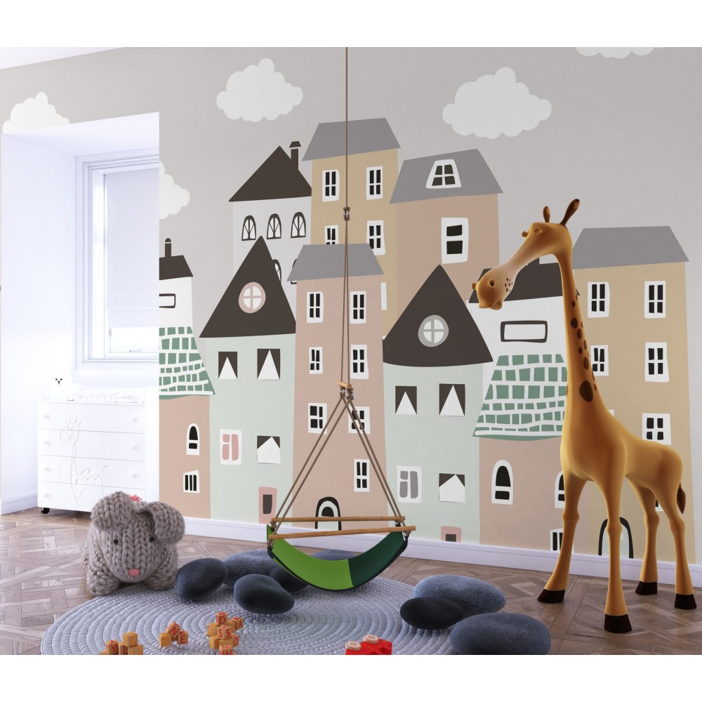 Pastel Tonlu Sevimli Kasaba Manzaralı Çocuk Duvar Kağıdı