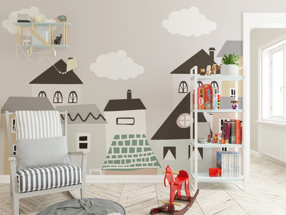 Pastel Tonlu Sevimli Kasaba Manzaralı Çocuk Duvar Kağıdı