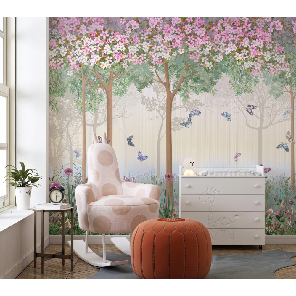 Pembe Çiçekli Bahar Ağaçları ve Kelebekli Çocuk Odası Duvar Kağıdı