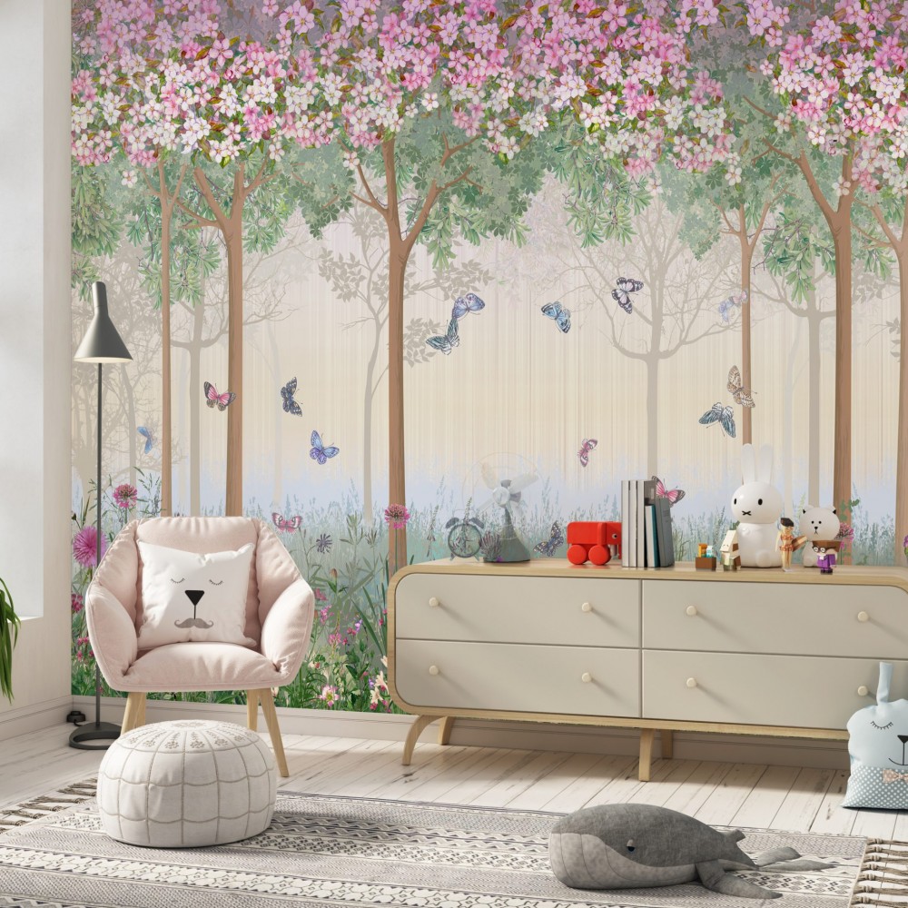 Pembe Çiçekli Bahar Ağaçları ve Kelebekli Çocuk Odası Duvar Kağıdı