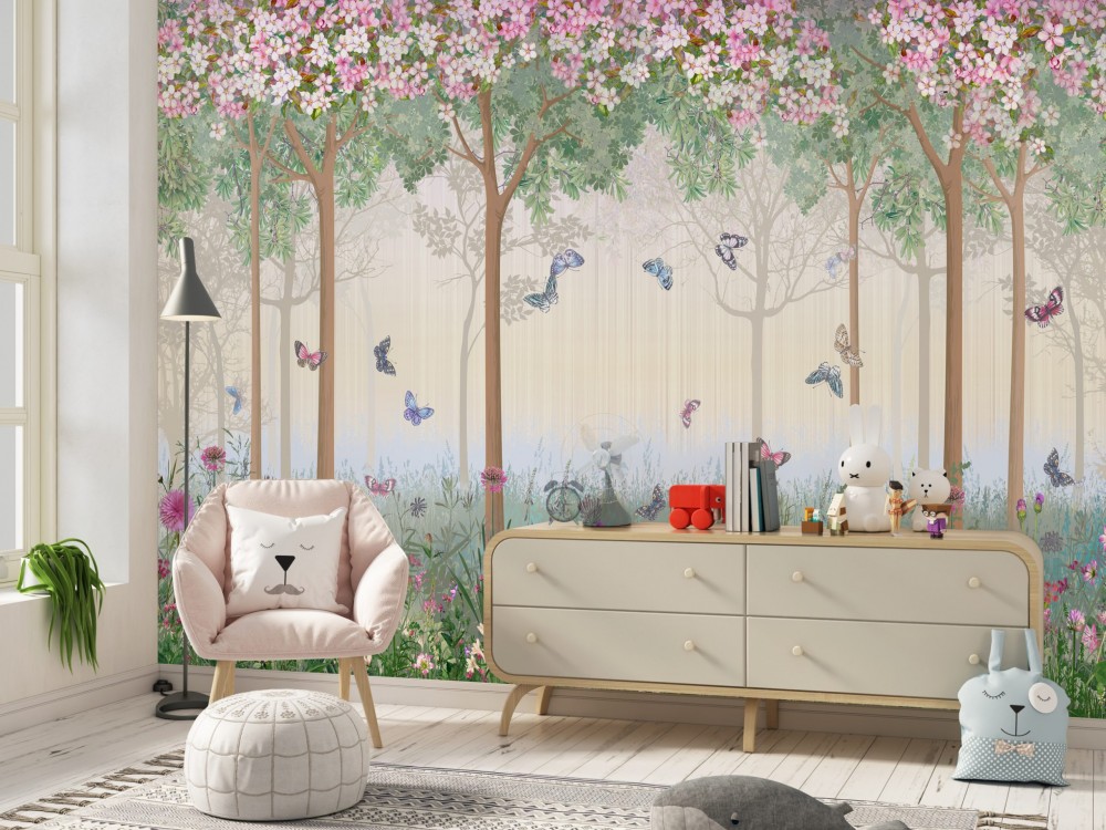 Pembe Çiçekli Bahar Ağaçları ve Kelebekli Çocuk Odası Duvar Kağıdı