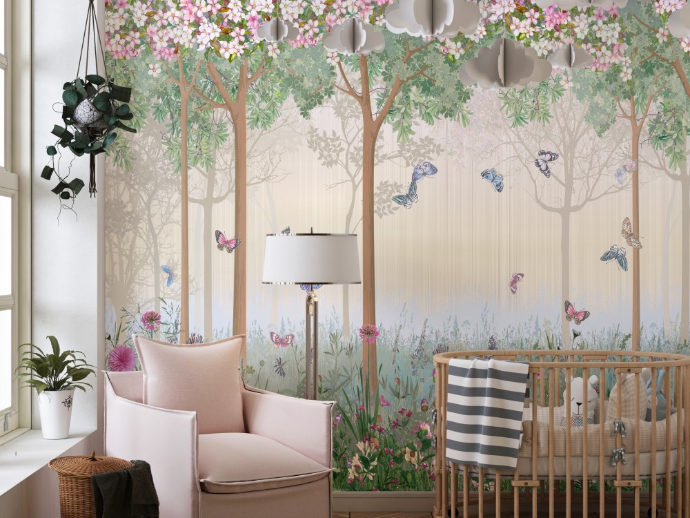 Pembe Çiçekli Bahar Ağaçları ve Kelebekli Çocuk Odası Duvar Kağıdı