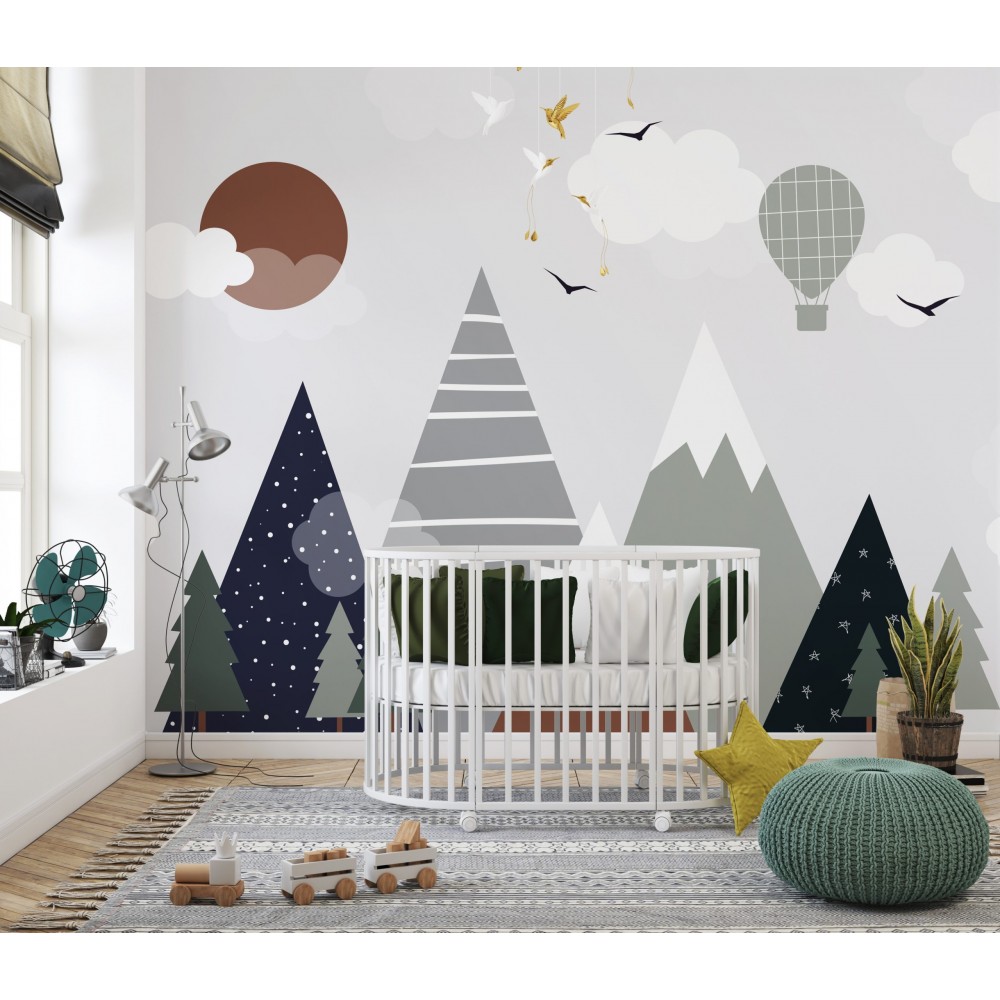 Sıcak Hava Balonlu ve Geometrik Dağ Desenli Çocuk Odası Duvar Kağıdı