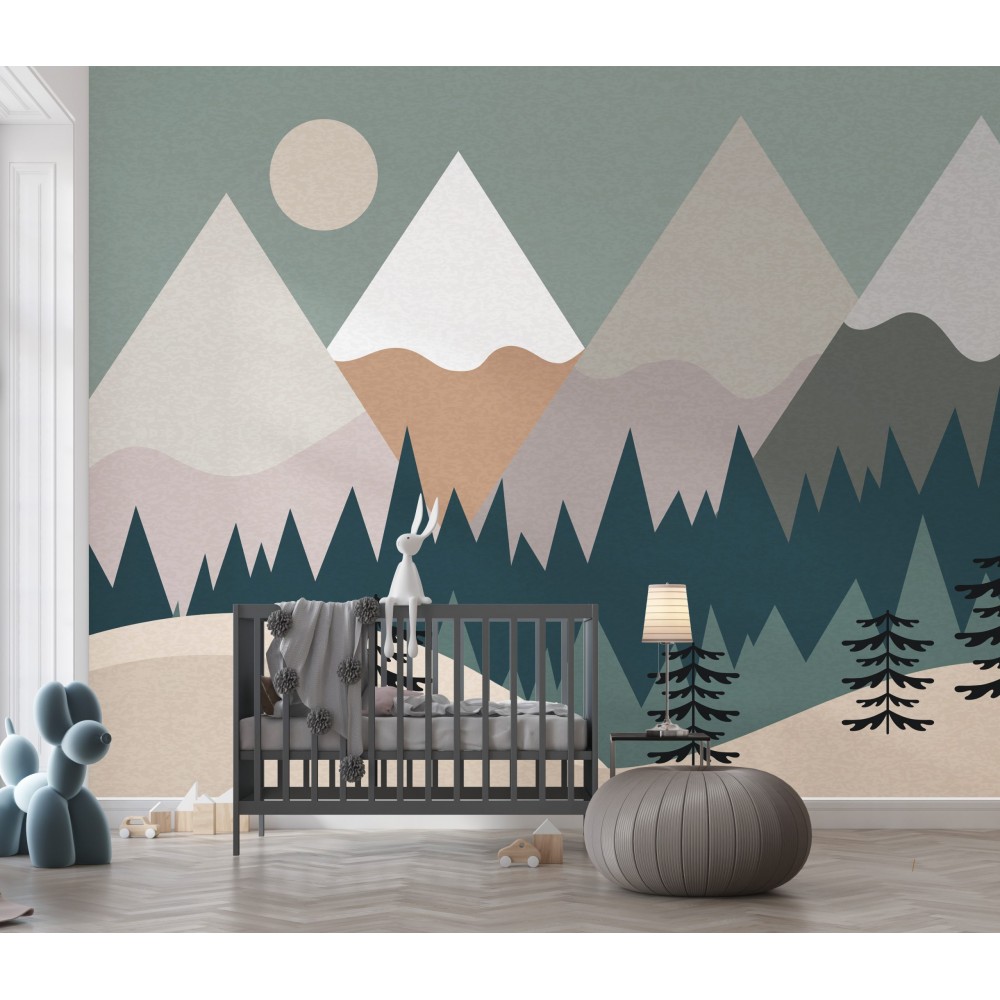 İskandinav Tarzı Dağ ve Çam Ormanı Çocuk Odası Duvar Kağıdı