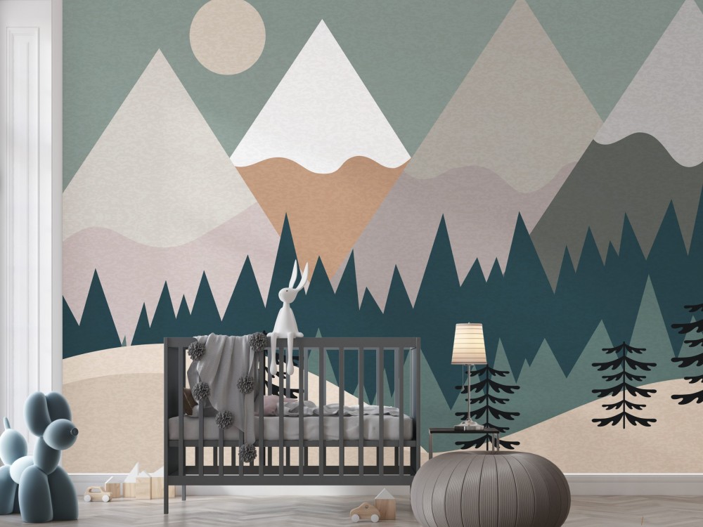 İskandinav Tarzı Dağ ve Çam Ormanı Çocuk Odası Duvar Kağıdı