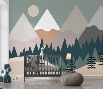 İskandinav Tarzı Dağ ve Çam Ormanı Çocuk Odası Duvar Kağıdı