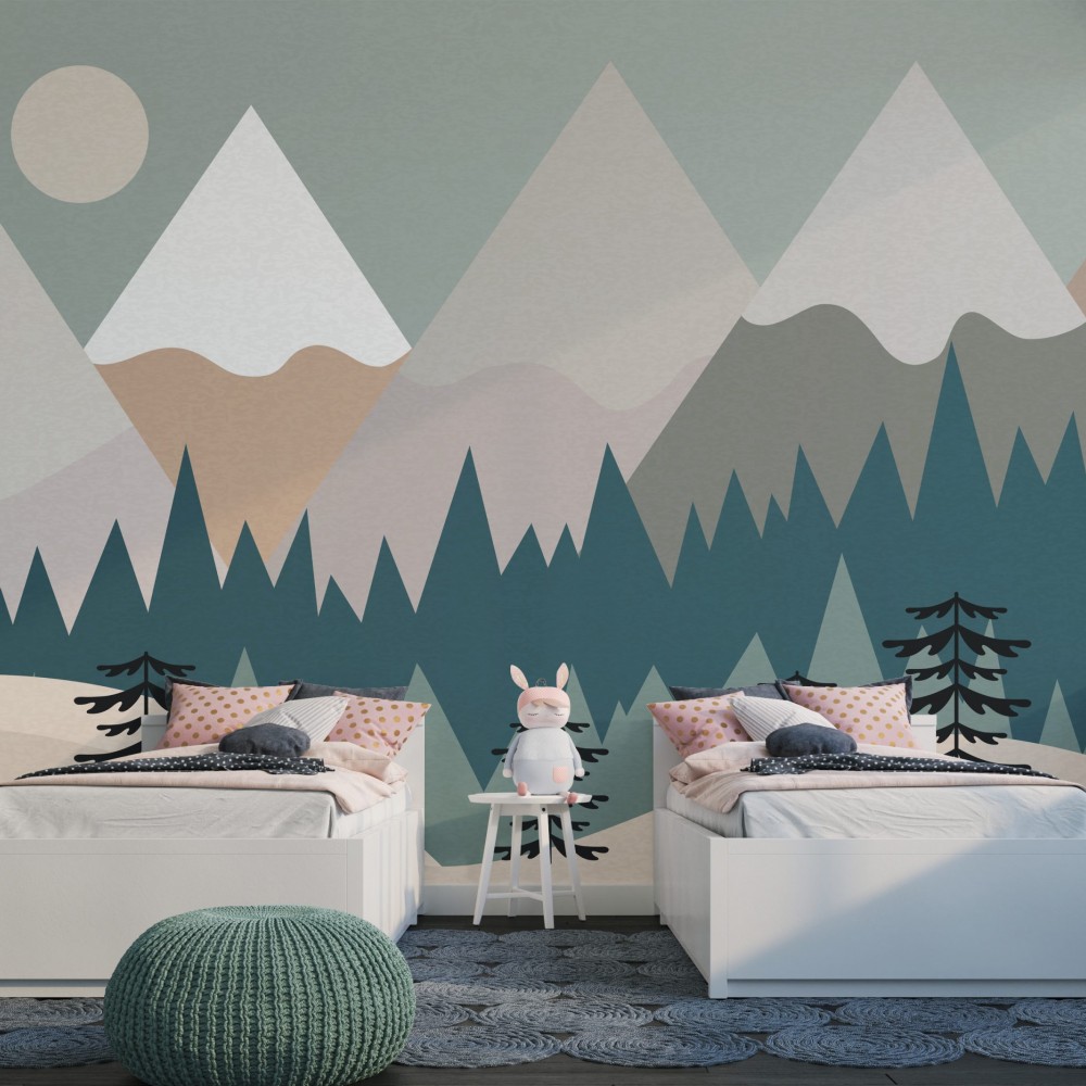İskandinav Tarzı Dağ ve Çam Ormanı Çocuk Odası Duvar Kağıdı