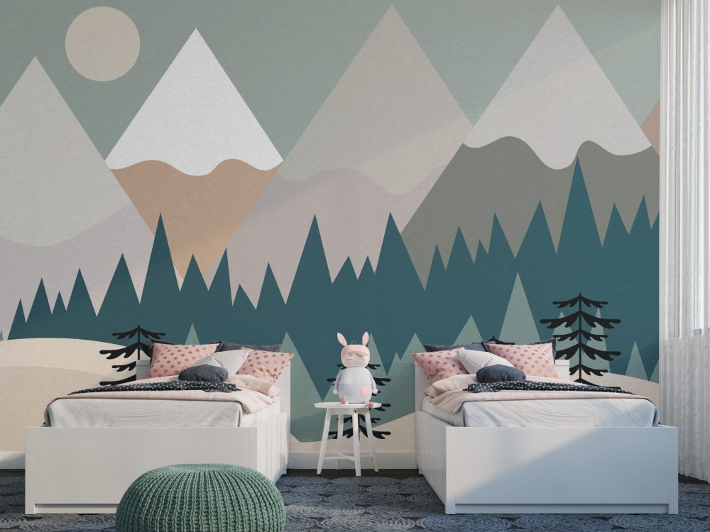 İskandinav Tarzı Dağ ve Çam Ormanı Çocuk Odası Duvar Kağıdı