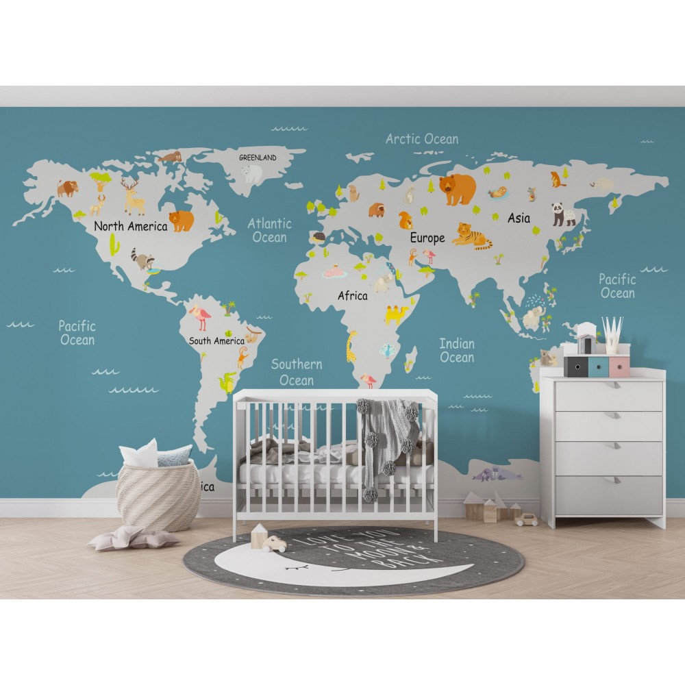 Mavi Zeminli Sevimli Hayvan Figürlü Harita Duvar Kağıdı