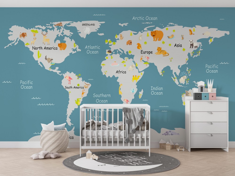 Mavi Zeminli Sevimli Hayvan Figürlü Harita Duvar Kağıdı