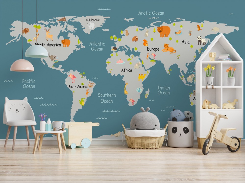 Mavi Zeminli Sevimli Hayvan Figürlü Harita Duvar Kağıdı