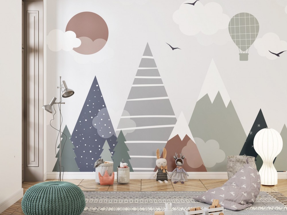 Sıcak Hava Balonlu ve Geometrik Dağ Desenli Çocuk Odası Duvar Kağıdı