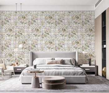 Şık Çizgisel Zemin Üzerine Lila ve Krem Çiçekli Duvar Kağıdı