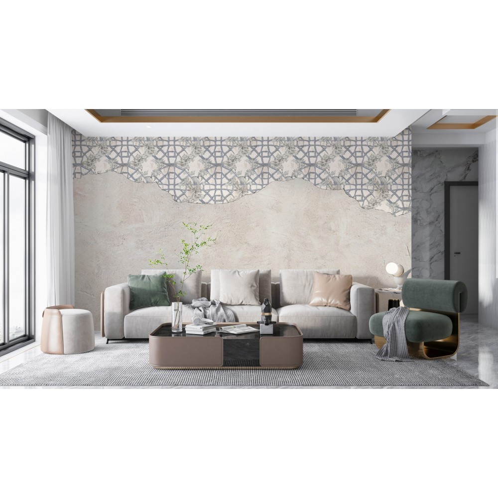 Eskitme Beton Efektli ve Üstten Sarkıt Geometrik Floral Duvar Kağıdı