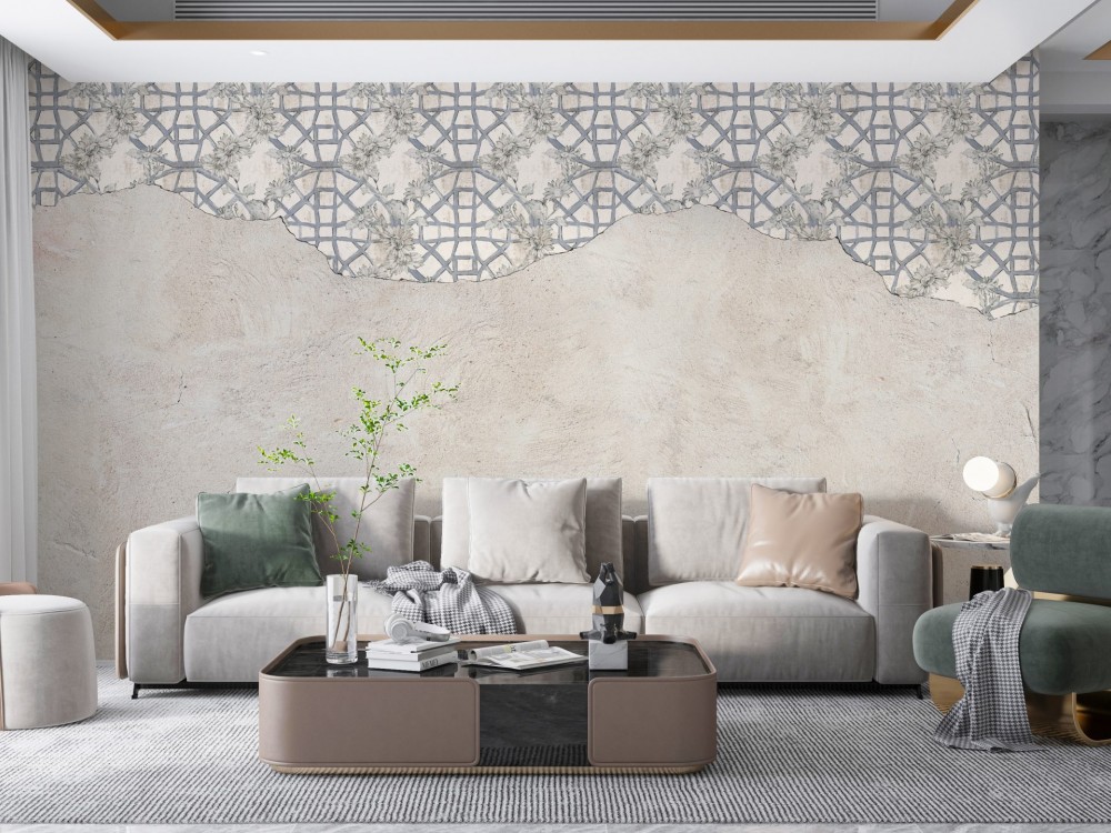 Eskitme Beton Efektli ve Üstten Sarkıt Geometrik Floral Duvar Kağıdı