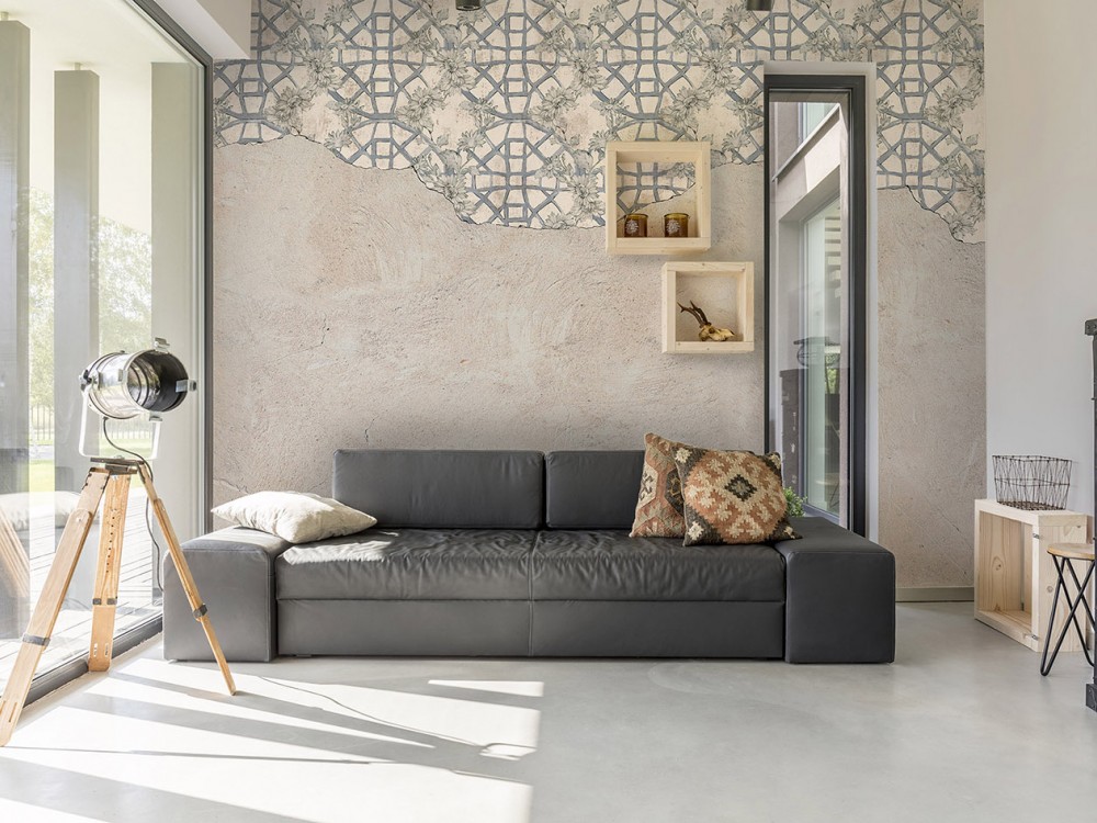 Eskitme Beton Efektli ve Üstten Sarkıt Geometrik Floral Duvar Kağıdı