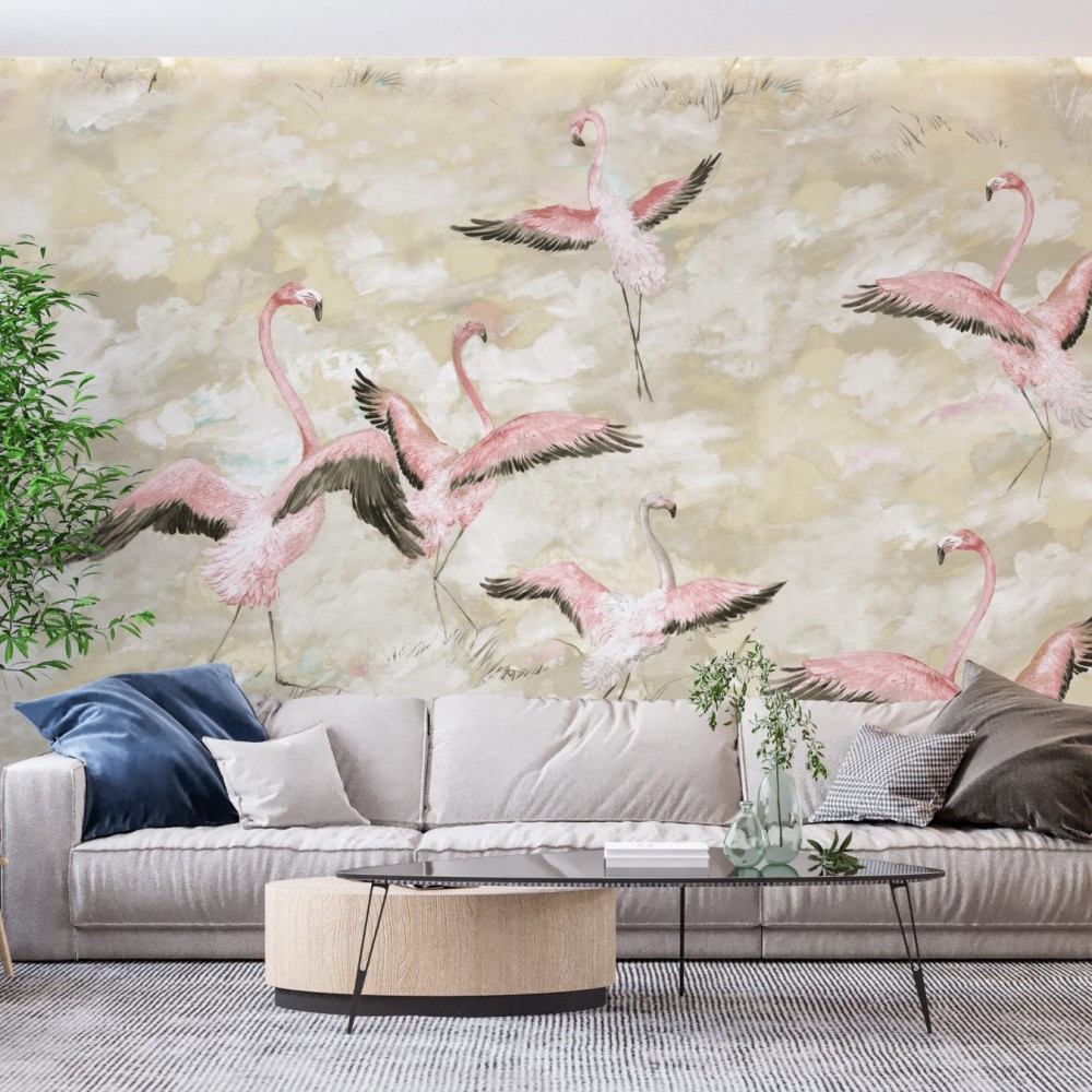 Bulutlu Gökyüzü Zeminli ve Uçuşan Pembe Flamingo Desenli Sanatsal Duvar Kağıdı