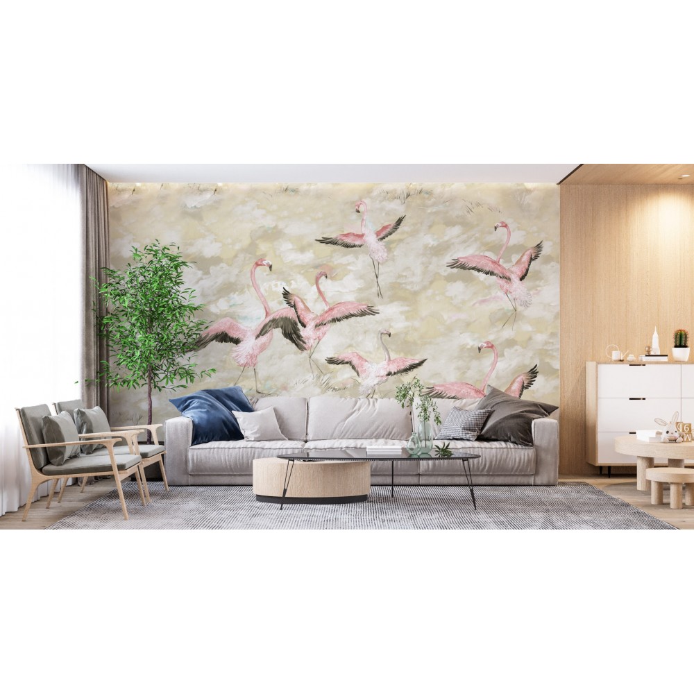 Bulutlu Gökyüzü Zeminli ve Uçuşan Pembe Flamingo Desenli Sanatsal Duvar Kağıdı