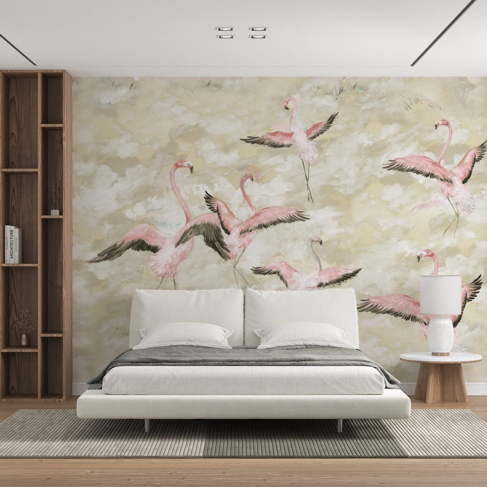 Bulutlu Gökyüzü Zeminli ve Uçuşan Pembe Flamingo Desenli Sanatsal Duvar Kağıdı