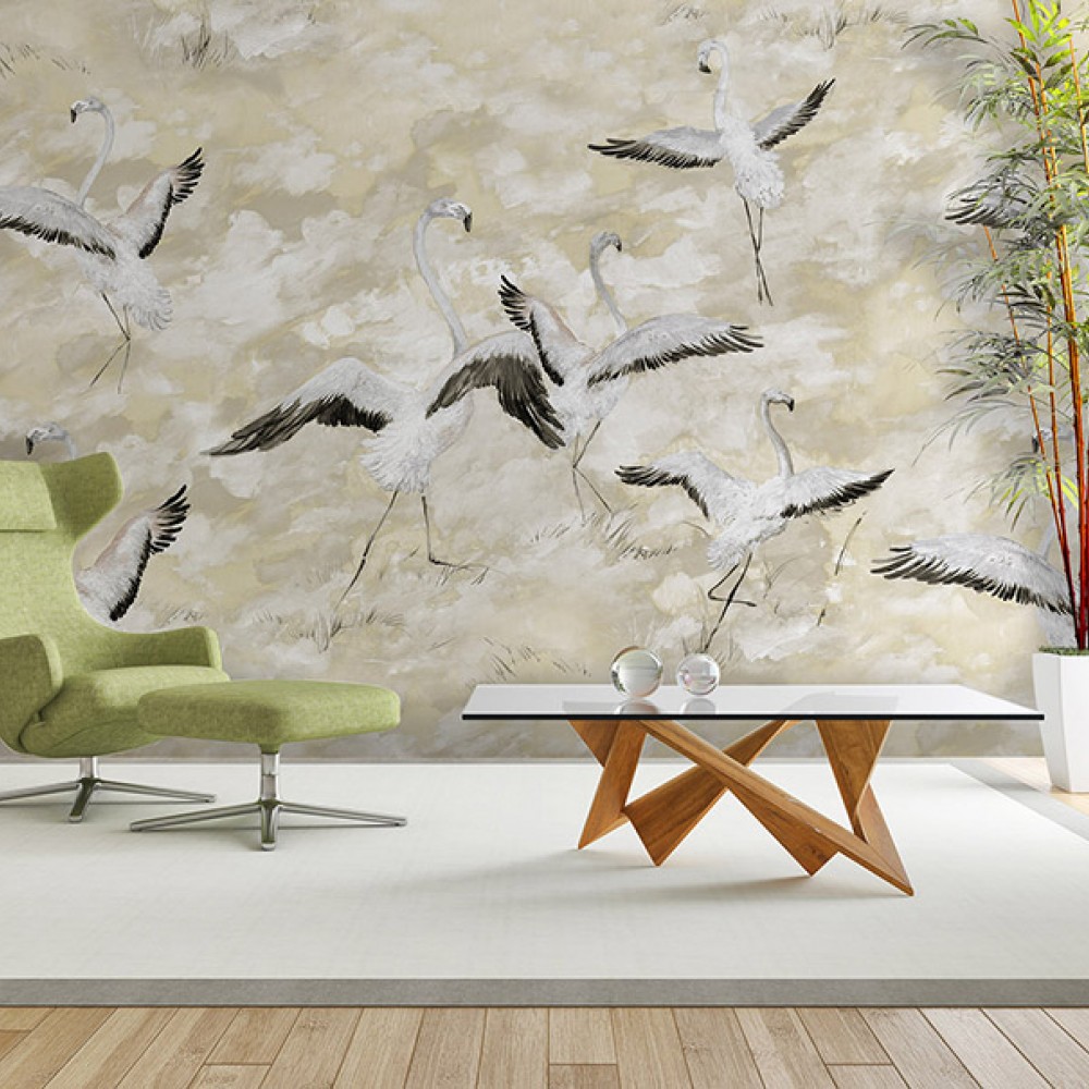 Bulutlu Gökyüzü Zeminli ve Uçuşan Flamingo Desenli Sanatsal Duvar Kağıdı