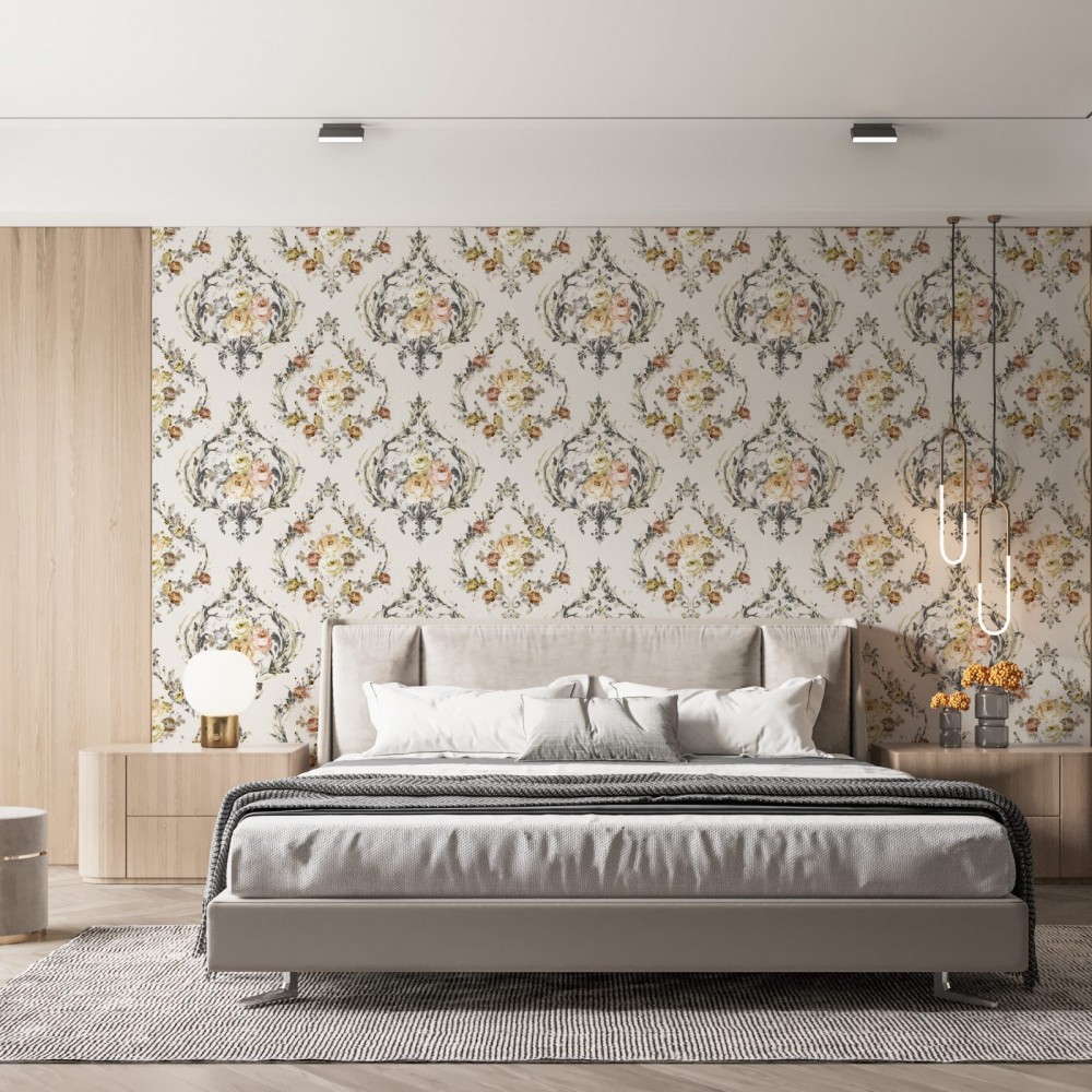 Vintage Damask Çerceveli Pastel Gül Çiçek Buketi Duvar Kağıdı